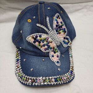 Women's Blue Jean Rhinestones Baseball Hat Cap‎ Butterfly Bling Studs Adjustable